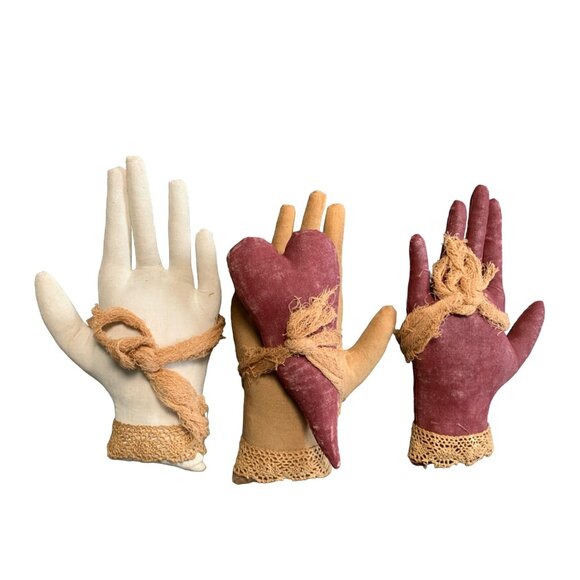 Handmade Cloth Hand Models Trio Quirky Decor with Lace Trim Whimsical - Picture 1 of 11